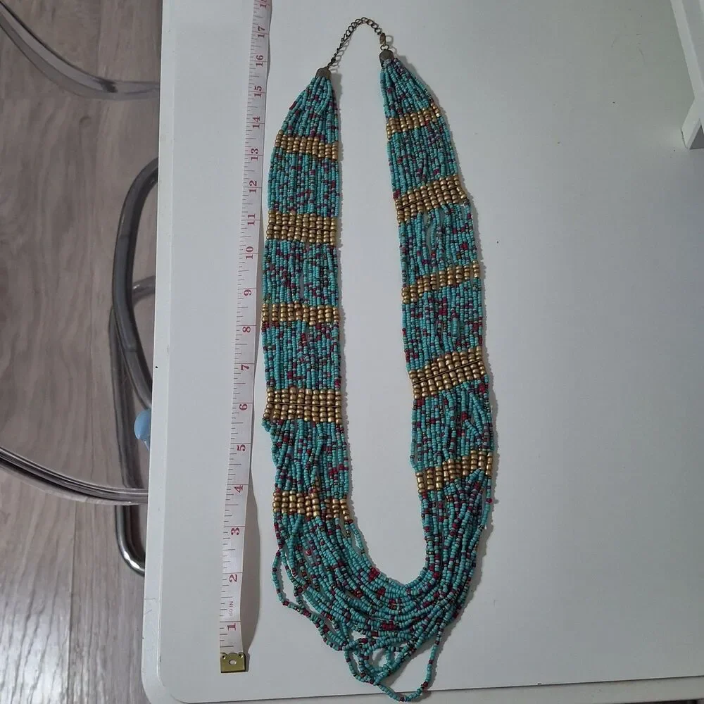 Multi- Layered Turquoise Red Gold Seed Beaded Statement Necklace Long Adjustable
